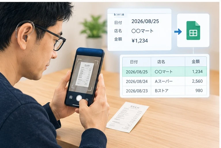 レシートをiPhoneで撮ると自動でスプレッドシートに記録される仕組みのイラスト