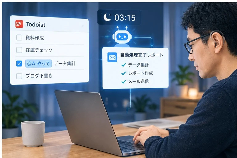 Todoistに「AIやって」と書くと夜中にAIが自動処理するイラスト