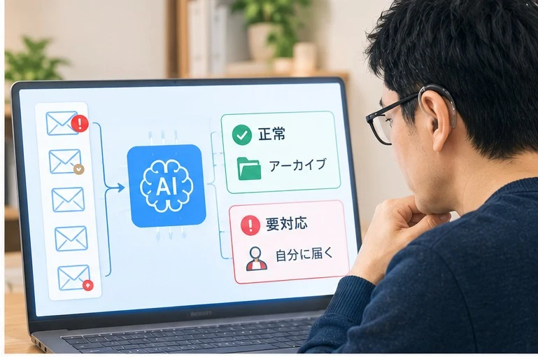 AIが受信メールを自動で仕分けし、要対応のものだけ知らせるイラスト
