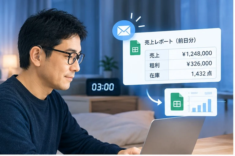 深夜に売上・粗利・在庫のレポートが自動で届く仕組みのイラスト