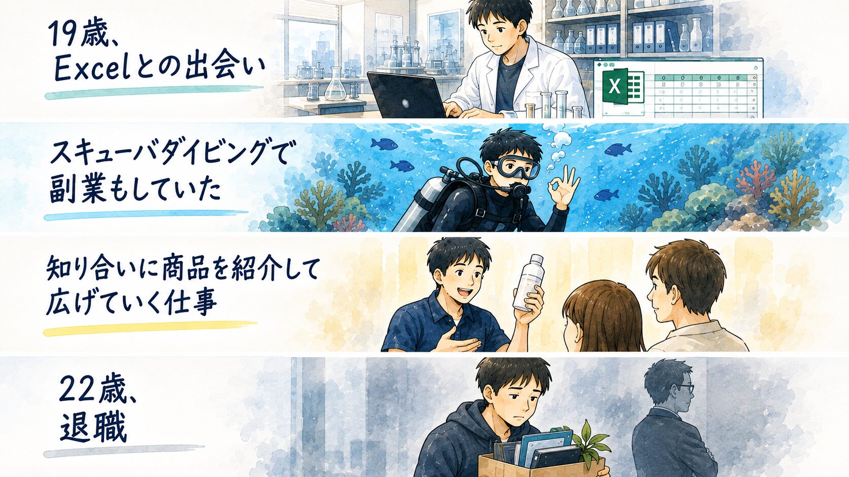 19歳から22歳までの4場面:研究職でExcelに出会う/スキューバダイビングで副業もしていた/知り合いに商品を紹介して広げていく仕事/22歳で退職