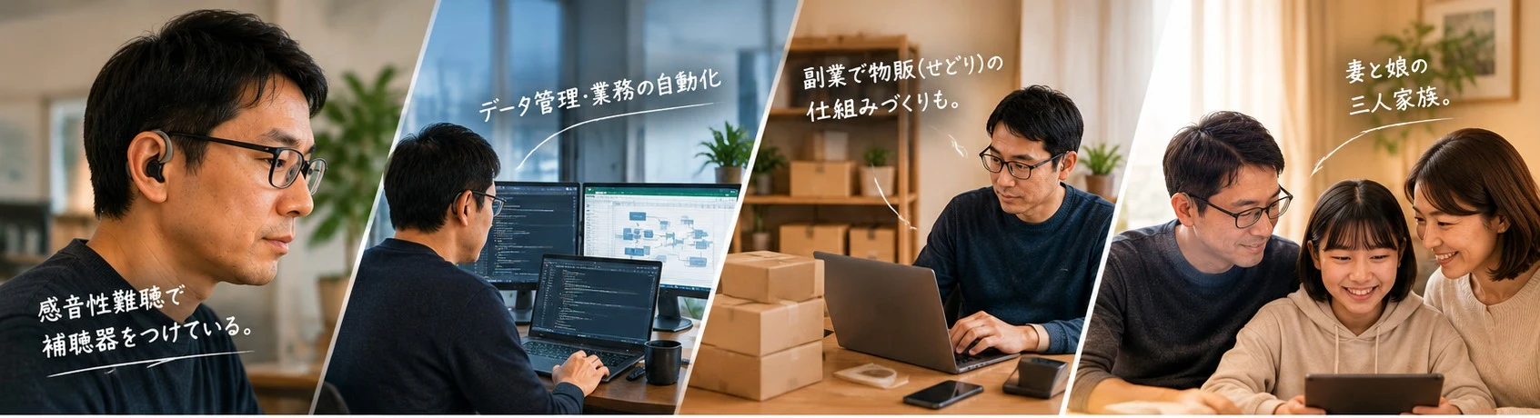 眼鏡と補聴器をつけた男性が、感音性難聴であることを示す場面、データ管理・業務自動化の仕事をする場面、副業の物販(せどり)の梱包作業をする場面、妻と娘と過ごす場面の4コマ