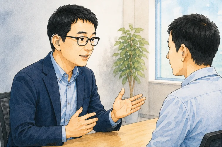 オフィスの打ち合わせスペースで、40代前半でメガネと補聴器をつけた男性が、手ぶりを交えながら向かいの同僚に自分から話しかけている