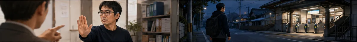 左では同僚らしき人物に指をさされても、手のひらを見せて意見を制する男性。右では夜明け前、リュックを背負ってひとり駅へ向かって歩く男性。どちらもメガネと補聴器をつけている。