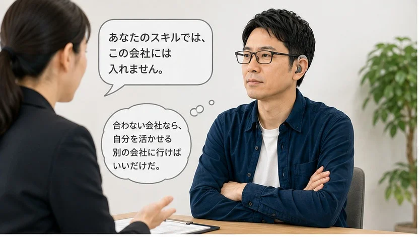 エージェントの女性担当者に「あなたのスキルでは、この会社には入れません」と言われても、腕を組んで動じずにいる、メガネと補聴器をつけた男性。「合わない会社なら、自分を活かせる別の会社に行けばいいだけだ」という心の声の吹き出し。