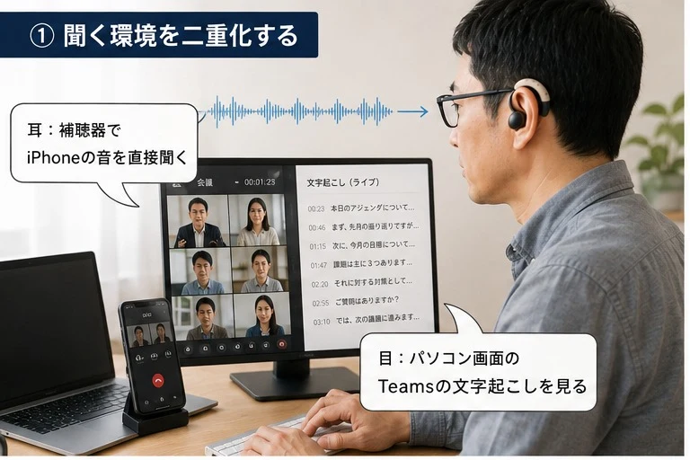 男性が補聴器でBluetooth接続したiPhoneの音を直接聞きながら、パソコン画面のTeamsの文字起こしを見ている場面