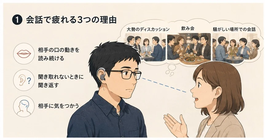 眼鏡と補聴器をつけた男性が、大勢のディスカッション・飲み会・騒がしい場所での会話を思い浮かべながら、目の前の女性の口の動きを見て話を聞いている場面
