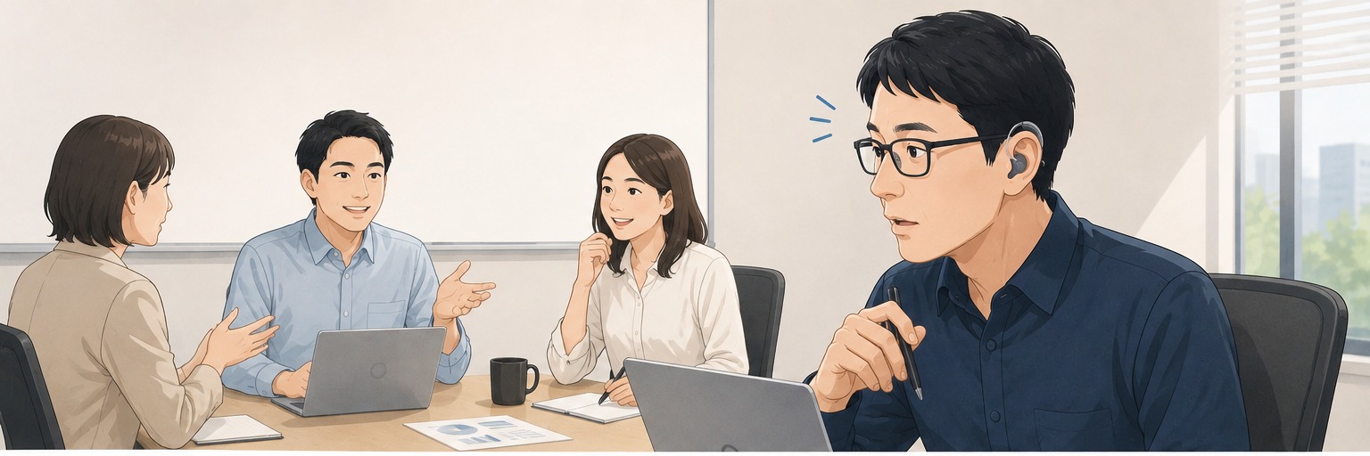 会議室で話し合いが進む中、聴こえないために一拍遅れて反応している場面のイラスト