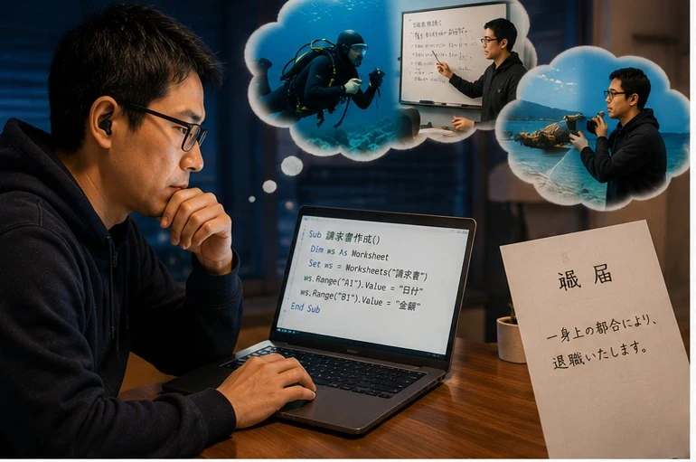 研究職でExcel VBAに出会う場面、スキューバダイビングとビジネスの夢を思い描く場面、退職届を出す場面