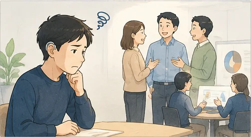 補聴器をつけた男性が机で考えこみ、その後ろでは同僚3人が楽しそうに雑談している。雑談の輪に入れない場面のイラスト