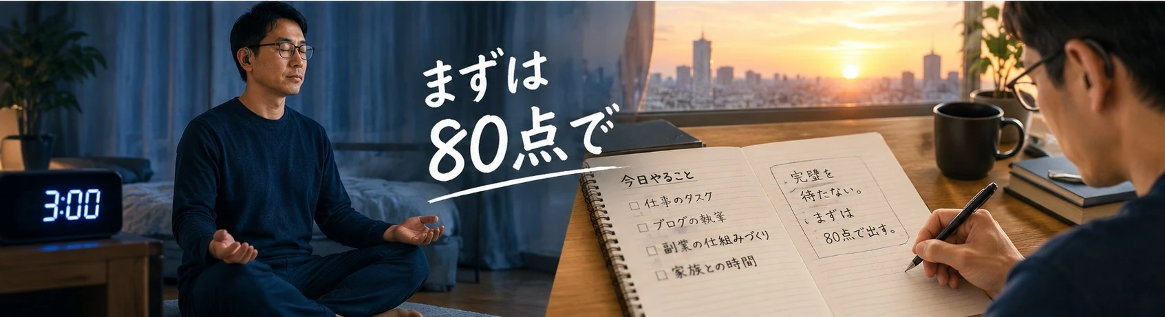 男性が夜明け前に瞑想している場面と、ノートに完璧を待たない、まずは80点で出すと書いている場面