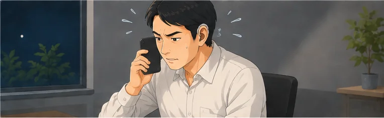 夜、静かな場所へ移動した補聴器をつけた男性が、携帯電話を強く耳に押しあて、眉を寄せて必死に聞き取ろうとしている