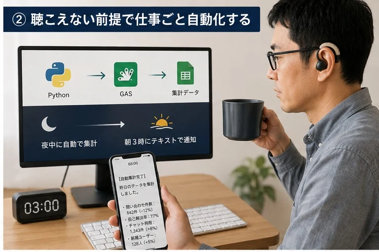 Python→GAS→集計データという自動化フローと、夜中に自動集計、朝3時にテキストで通知される様子