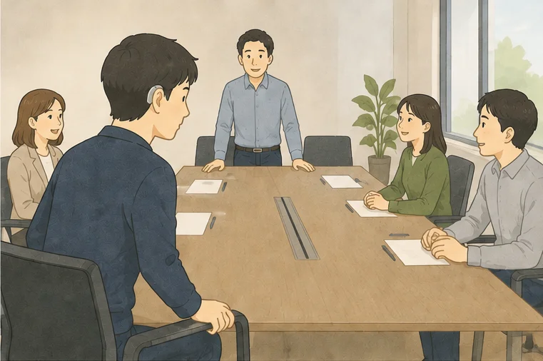 会議室のテーブル。補聴器をつけた男性が手前の席に座り、向かい側と横に同僚たちが座って話している