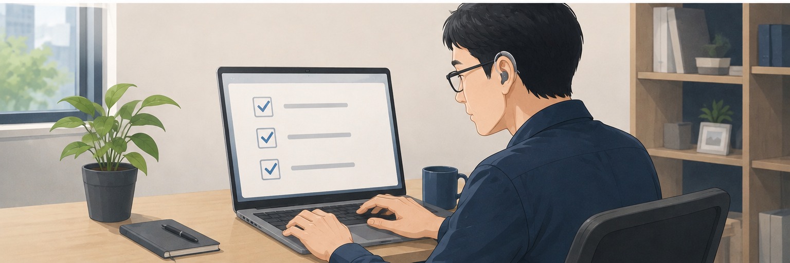 パソコンの画面に3つのチェックリストを表示し、AIに任せるルールを確認している場面のイラスト