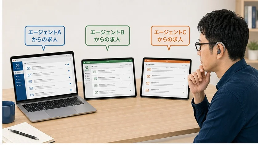 ノートパソコンとタブレット2台に、エージェントA・B・Cそれぞれからの求人メールが並び、メガネと補聴器をつけた男性がそれを見比べている場面。