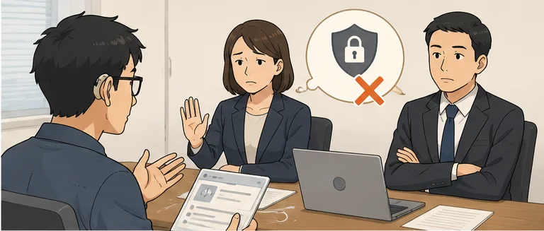 会議室で、女性の担当者がセキュリティのマークと×印を示しながら断りを伝え、隣の男性が腕を組んで見ている前で、タブレットを手に説明する、メガネと補聴器をつけた男性。