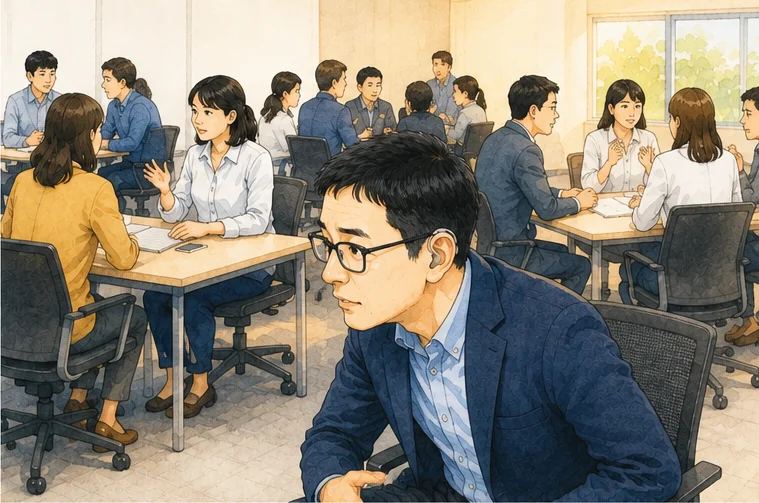 研修会場でいくつものグループが同時に話し合っている中、40代前半でメガネと補聴器をつけた男性が身を乗り出し、同じグループの人の口元を見ようとしている