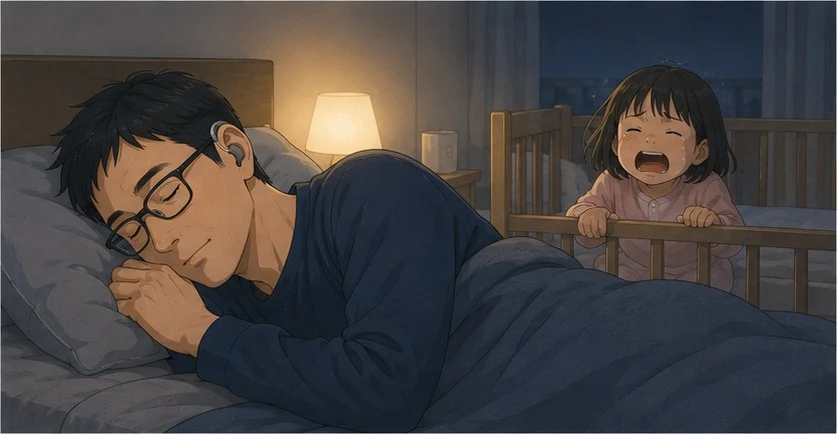 夜、ベッドで補聴器をつけたまま眠る父親のそばで、ベビーベッドに立った幼い娘が泣いている場面