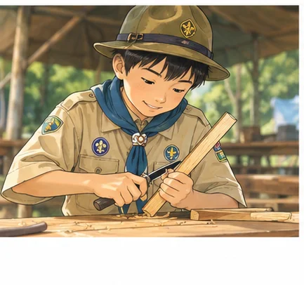 ボーイスカウトの制服を着た小学生の男の子が、木で剣のようなものをナイフで彫っている様子