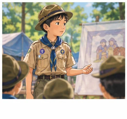 ボーイスカウトの制服を着た男の子が、笠地蔵の絵を指しながら仲間の前でクリスマス会の出し物について発表している様子