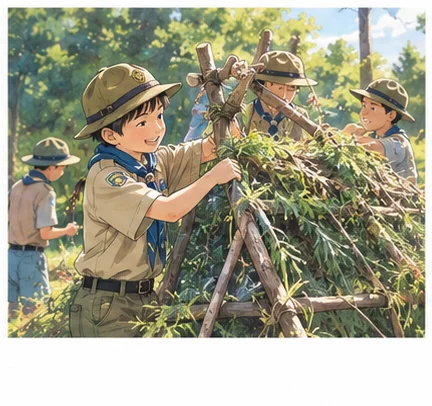 ボーイスカウトの子どもたちが協力して、ロープと雑草で骨組みに小屋(のれん)を作っている様子