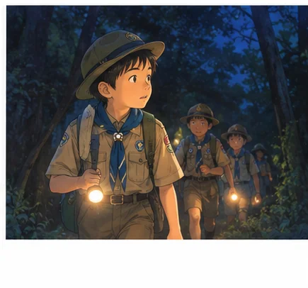 夜、懐中電灯を持ったボーイスカウトの男の子たちが森の中を歩いている肝試しの様子