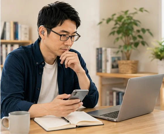 自宅で、男性がノートパソコンとスマートフォンを見比べながら、資料を読んで考え込んでいる