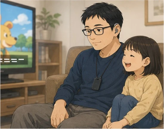 リビングのソファで、字幕付きのテレビを見ながら娘と一緒に笑っている父親。首から小さな受信機を下げている