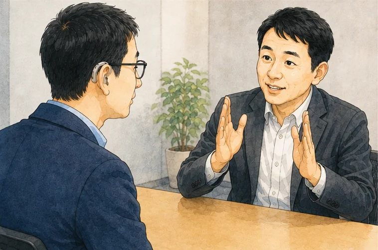 打ち合わせスペースで、40代前半でメガネと補聴器をつけた男性の話を聞いた上司が、両手を広げて「自分もだった」と共感を返している