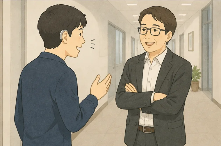 オフィスの廊下で、補聴器をつけた男性が上司に笑いながら話しかけ、上司も笑って聞いている