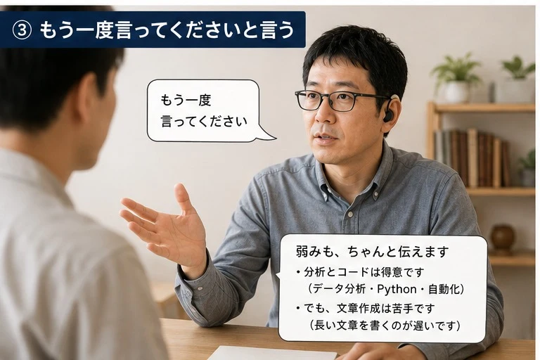 男性が相手に もう一度言ってください と伝える場面と、分析とコードは得意だが文章作成は苦手だと弱みを伝える場面