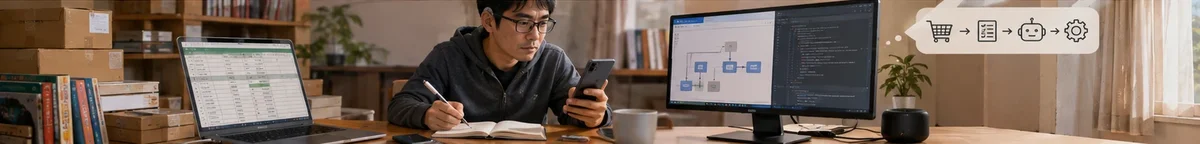 段ボール箱に囲まれた自宅の机で、ノートパソコンのスプレッドシートとスマホを見ながらメモを取る男性。奥のモニターには自動化のフロー図とコードが映り、カート→リスト→ロボット→歯車のアイコンが並ぶ。