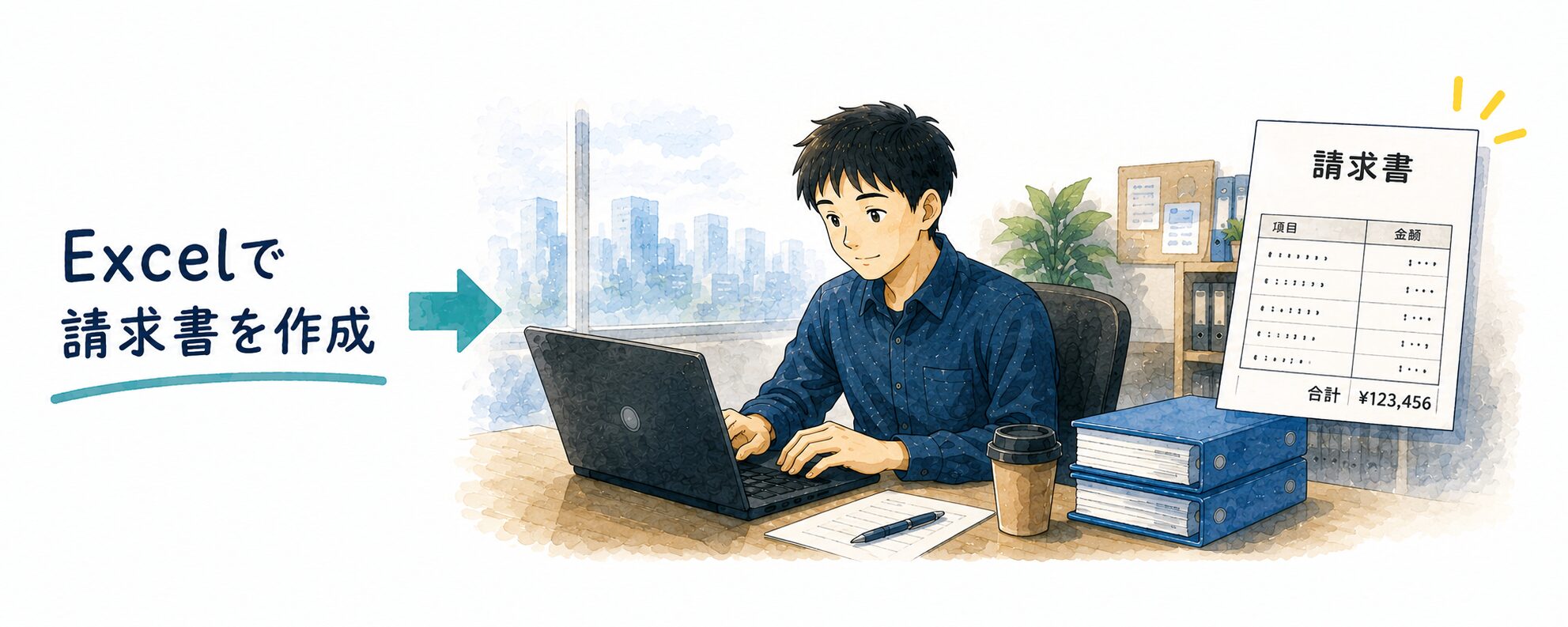Excelで請求書を作成:ノートパソコンに向かって請求書のひな形を組んでいるところ