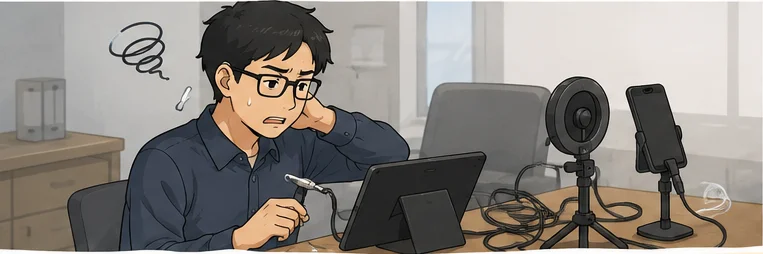 散らかったケーブルとマイク、タブレットに囲まれ、汗をかきながら困った表情でセッティングをしている、メガネと補聴器をつけた男性。