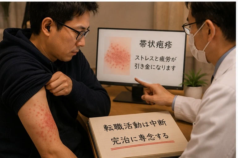 腕に帯状疱疹が出た様子を医師に見せている場面。転職活動を中断して完治に専念すると書かれている