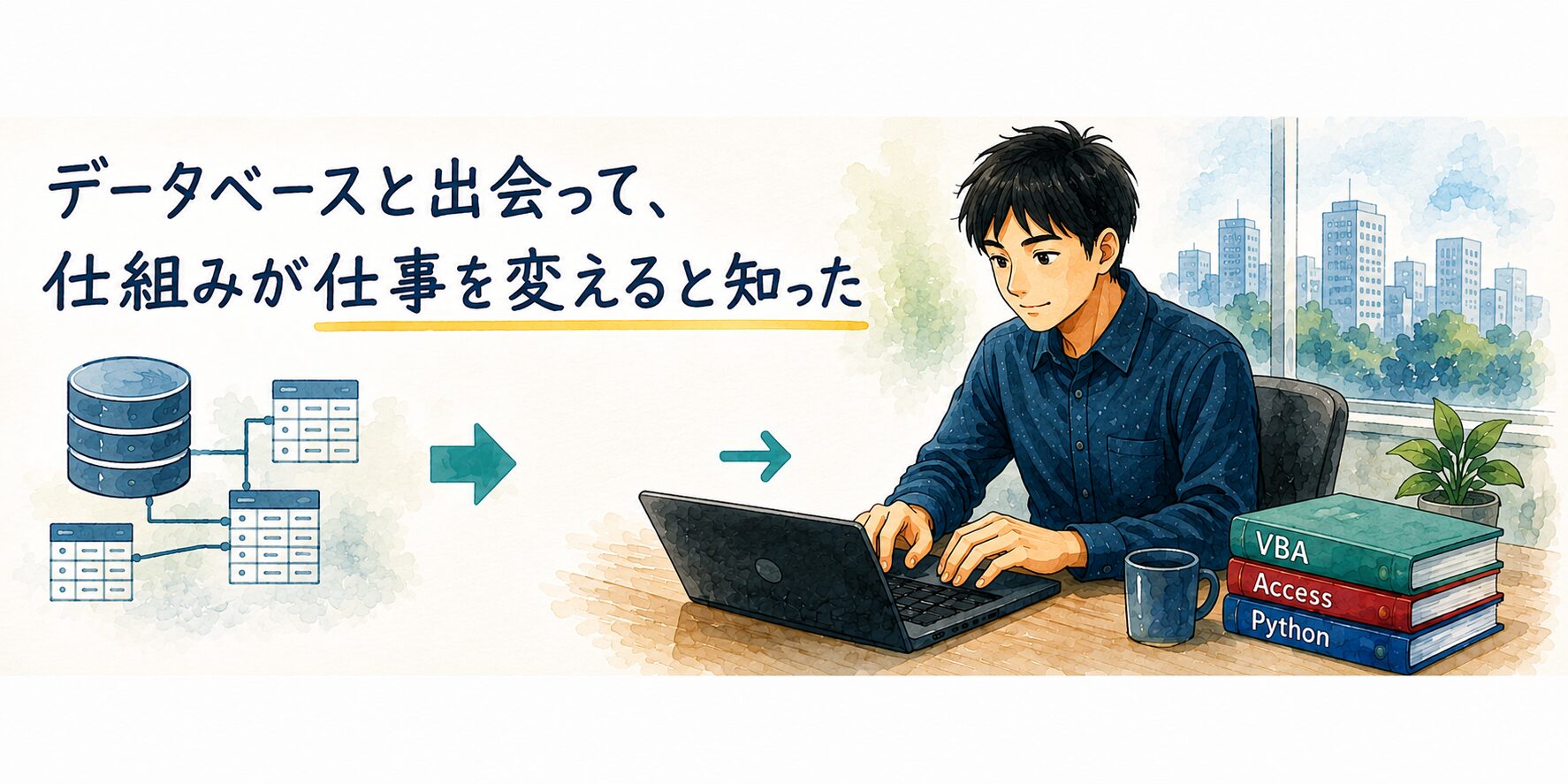 データベースと出会って、仕組みが仕事を変えると知った:データベースの図から、ノートパソコンに向かう自分と、VBA・Access・Pythonの本