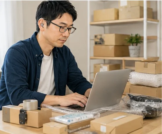 自宅の一角で、せどりの梱包用の段ボール箱や資材が並ぶ中、男性がノートパソコンで作業をしている