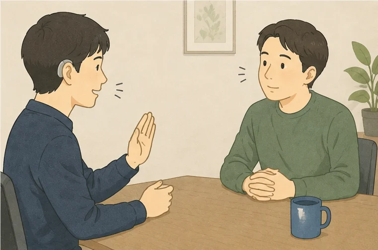 テーブルをはさんで、補聴器をつけた男性が手のひらを見せながら相手に断りを伝え、相手が落ち着いた表情で受け止めている