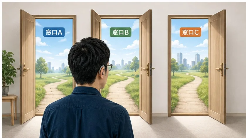 窓口A・B・Cと書かれた3つの扉が開いていて、それぞれの先に違う景色の道が広がっている。メガネと補聴器をつけた男性が後ろ姿でその3つの扉を見ている。
