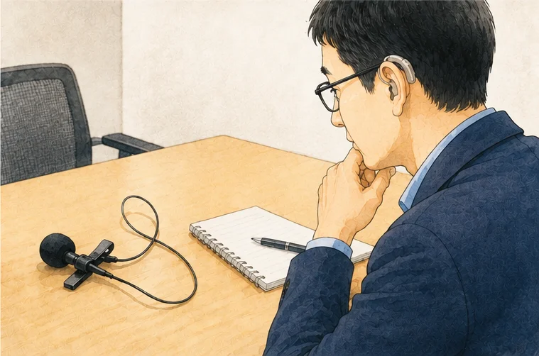 誰もいない会議室のテーブルに、使われないままのピンマイクとノートが置かれていて、40代前半でメガネと補聴器をつけた男性が頬づえをついてそれを見ている
