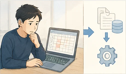 補聴器をつけた男性がノートパソコンの表計算ソフトを険しい顔で見つめている。隣には、書類からデータベースへ、そして歯車(仕組み)へと流れる矢印の図