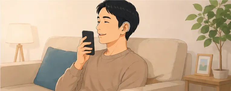 自宅のリビングのソファで、補聴器をつけた男性がくつろいだ姿勢でスマートフォンを口元に近づけて持ち、笑顔で話している