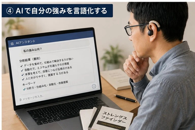 男性がAIアシスタントに 私の強みは何? と尋ね、分析結果とキーワードが表示されている場面
