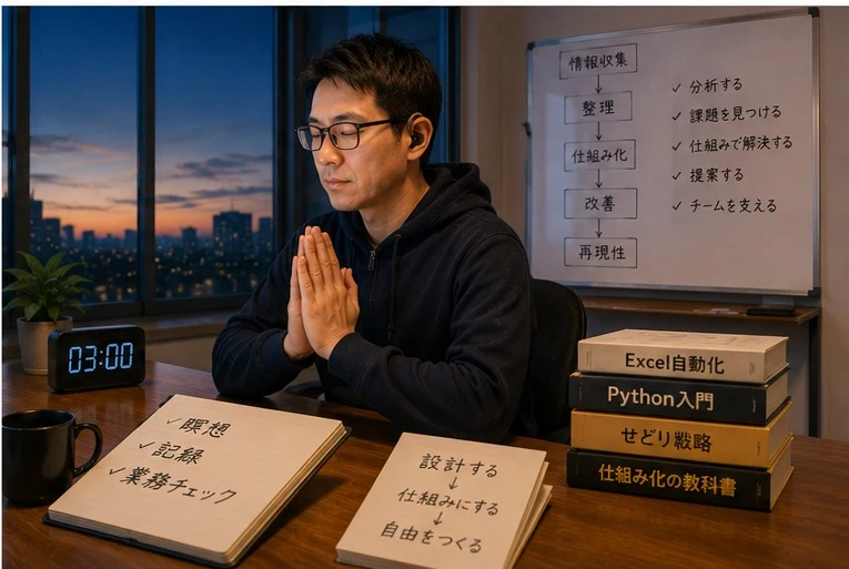 男性が朝3時に瞑想している場面と、設計する→仕組みにする→自由をつくる というメモが置かれた机の場面