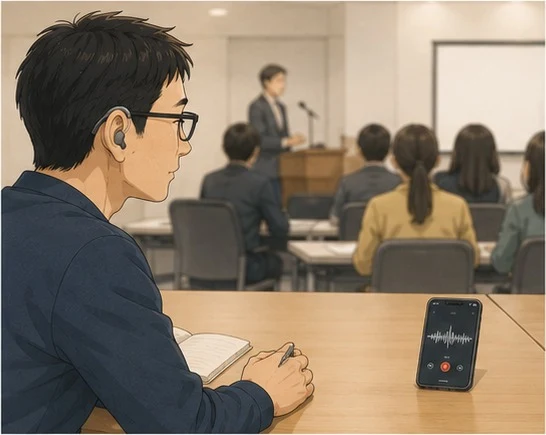 幼稚園の説明会の会場で、机の上に置いたiPhoneのボイスメモを使いながら、前方の説明者の話を聞いている父親