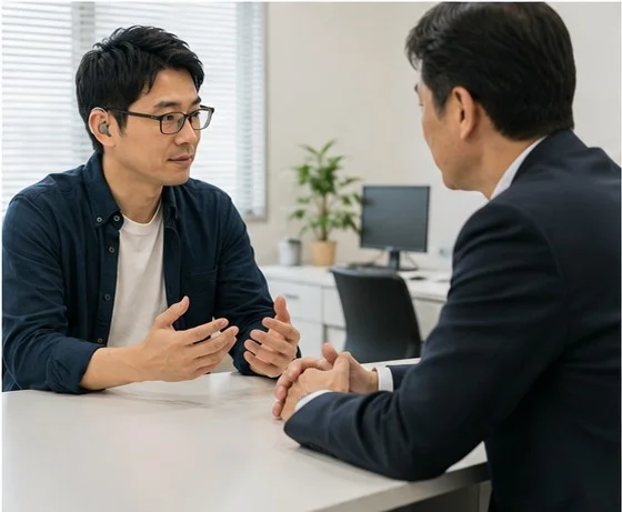 オフィスのテーブルで、男性がスーツ姿の上司らしき人物に向かって、落ち着いた様子で話しかけている