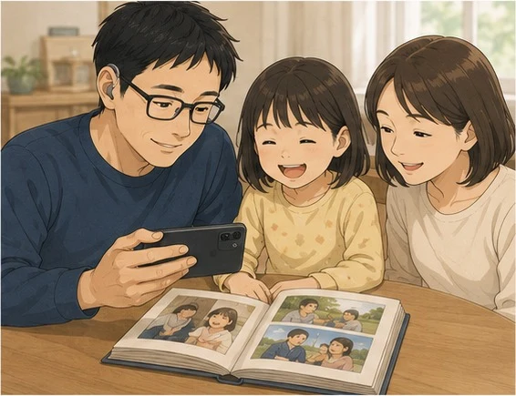 家族で写真アルバムとスマートフォンの写真を見返しながら、父親と娘、母親が笑顔で語り合っている場面