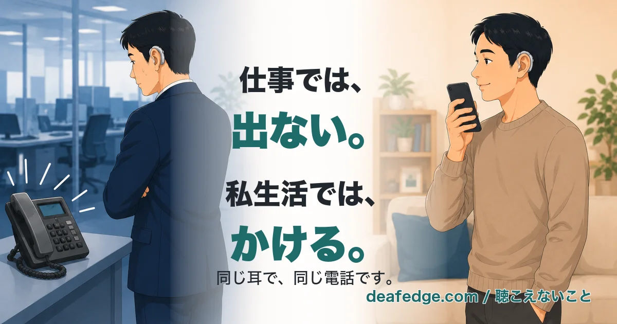 左は会社で鳴っている固定電話に背を向ける補聴器の男性、右は自宅でスマホを口元に近づけて笑顔で話す同じ男性。中央に「仕事では、出ない。私生活では、かける。同じ耳で、同じ電話です。」の文字