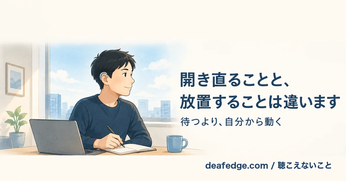 難聴のエンジニアが窓辺の机でノートパソコンとメモ帳を前に、ふり返って外を見ている。タイトル文字「開き直ることと、放置することは違います。待つより、自分から動く」